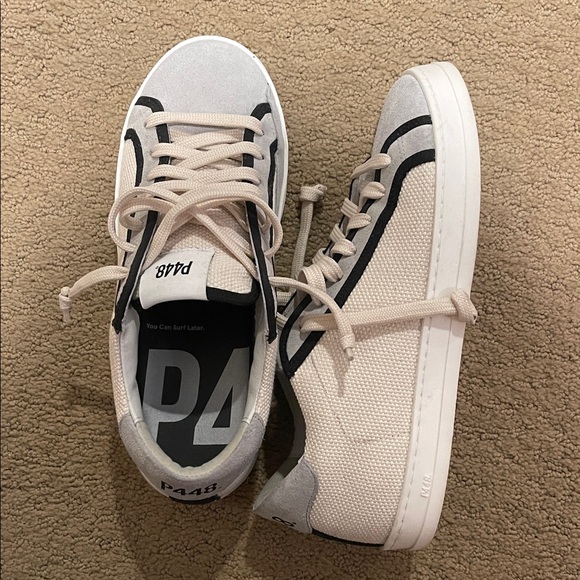 P448 Shoes - P448 Women’s Beige Canvas Low-Top Sneakers with Black Trim